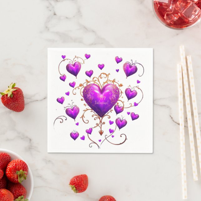 Serviette En Papier Jolis cœurs violets Saint-Valentin heureux (En situation)