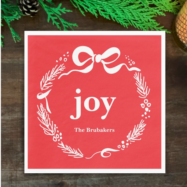 Serviette En Papier Joy Custom Red Modern Original Bow Christmas (Joy. Personalize this red hand drawn Christmas napkin. Whimsical festive wreath with custom script.)