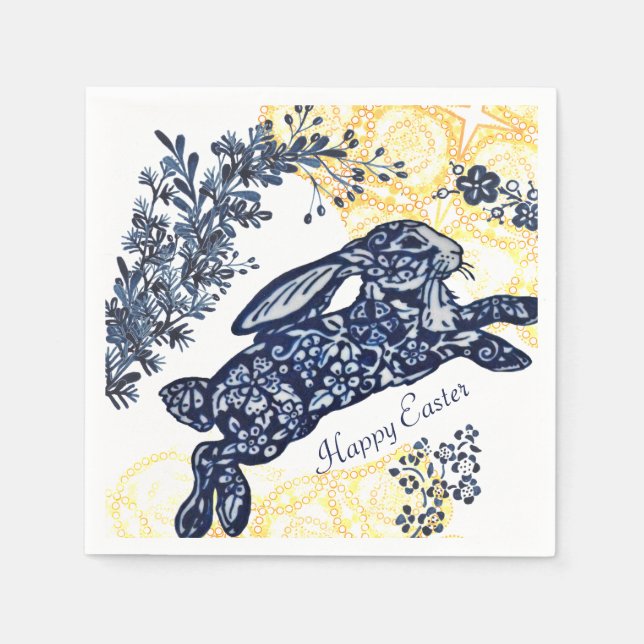 Serviette En Papier Joyeuse Chinoiserie de Rabbit jaune bleu pâques (Devant)