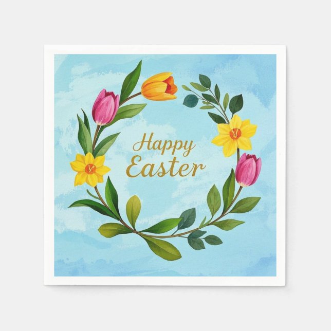 Serviette En Papier Joyeuse couronne d'aquarelle de Pâques tulipes (Devant)