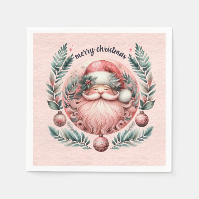 Serviette En Papier Joyeuse couronne Père Noël rose Noël (Devant)