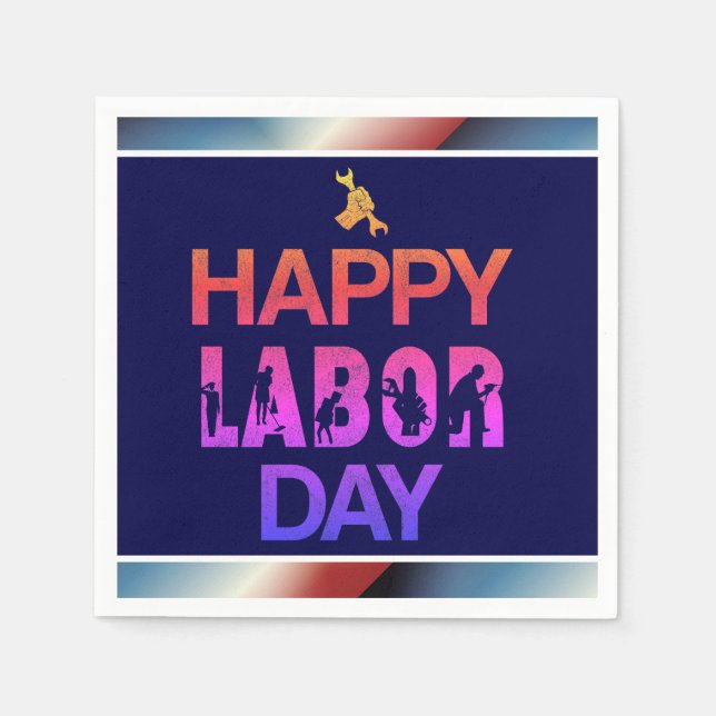 Serviette En Papier Joyeuse Fête Du Travail Rétro Bleu (Devant)