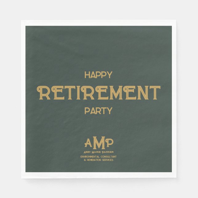 Serviette En Papier Joyeuse retraite 3 Lettre or Monogramme sur vert (Devant)
