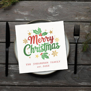 Serviette En Papier Joyeuse typographie de Noël Holly Berry Snowflakes