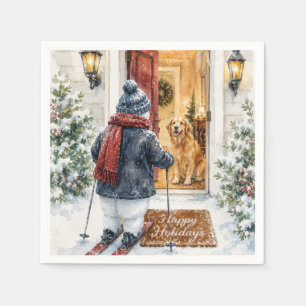 Serviette En Papier Joyeuses Fêtes Bonhomme de Neige sur Skis