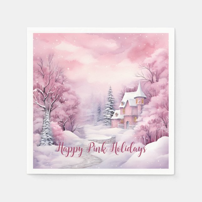 Serviette En Papier Joyeuses Fêtes Roses Scène de Noël (Devant)