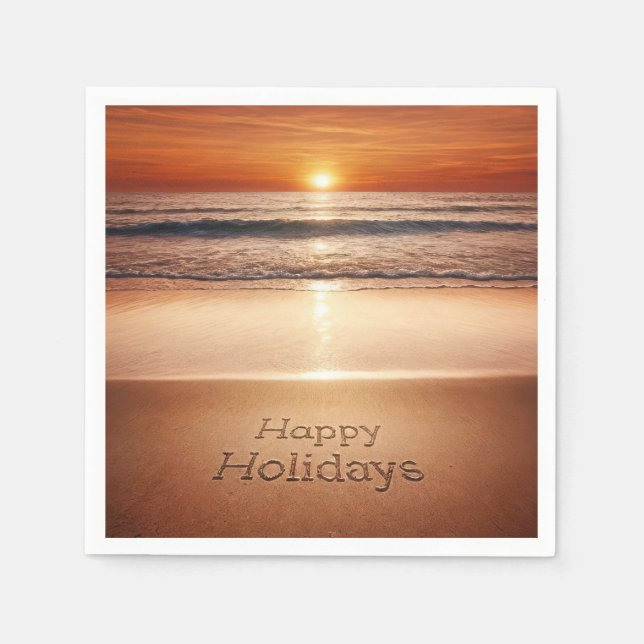 Serviette En Papier Joyeuses Vacances Dans Le Sable De Plage (Devant)