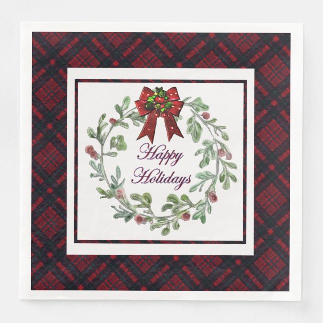 Serviette En Papier Joyeuses Vacances Rouge Plaid (Devant)