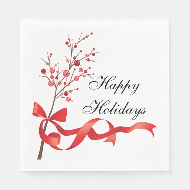 Serviette En Papier Joyeuses vacances Ruban Rouge | Noël (Devant)