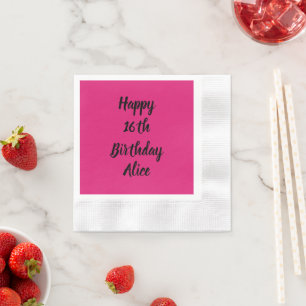 Serviette En Papier Joyeux 16e anniversaire rose noir Nom personnalisé