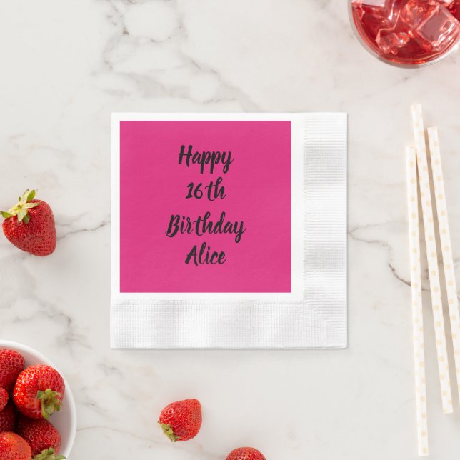 Serviette En Papier Joyeux 16e anniversaire rose noir Nom personnalisé (En situation)