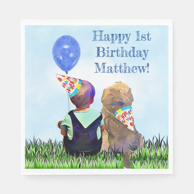 Serviette En Papier Joyeux 1er anniversaire bébé garçon et chien (Devant)