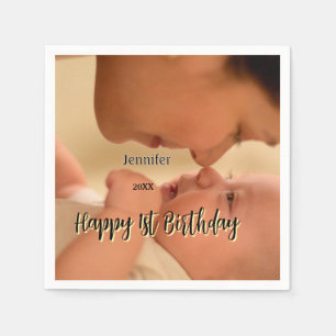 Serviette En Papier Joyeux 1er anniversaire enfants bébé mère noir jau