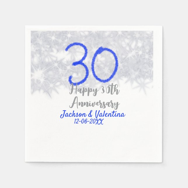 Serviette En Papier Joyeux 30e anniversaire mariage argent bleu partie (Devant)