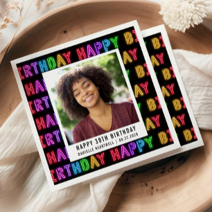 Serviette En Papier Joyeux 30e anniversaire Photo Rainbow Neon