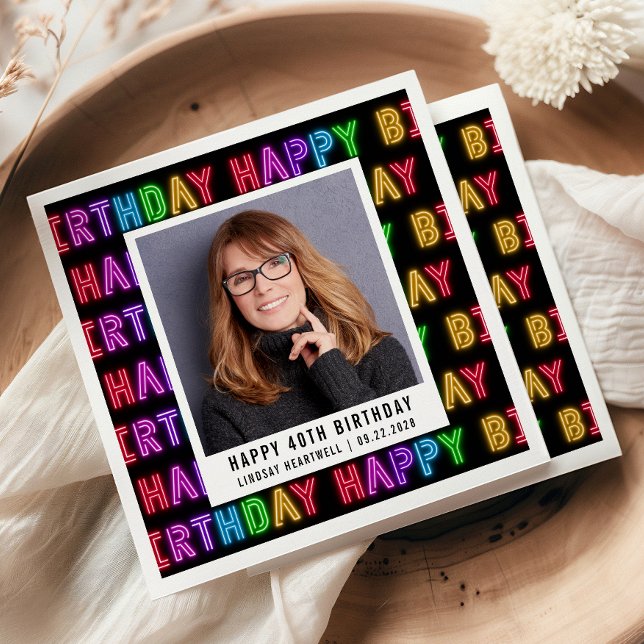 Serviette En Papier Joyeux 40e anniversaire Photo Rainbow Neon (Créateur téléchargé)