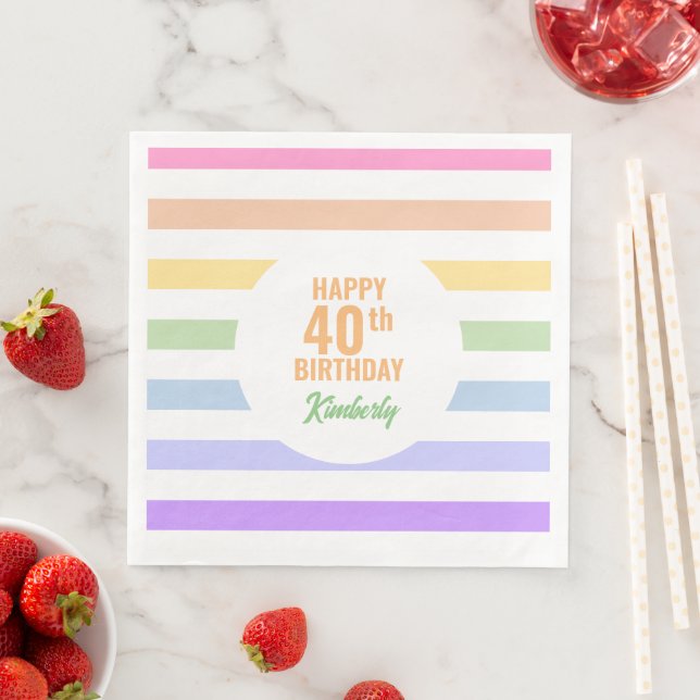 Serviette En Papier Joyeux 40ème anniversaire en Rainbow Stripes (En situation)