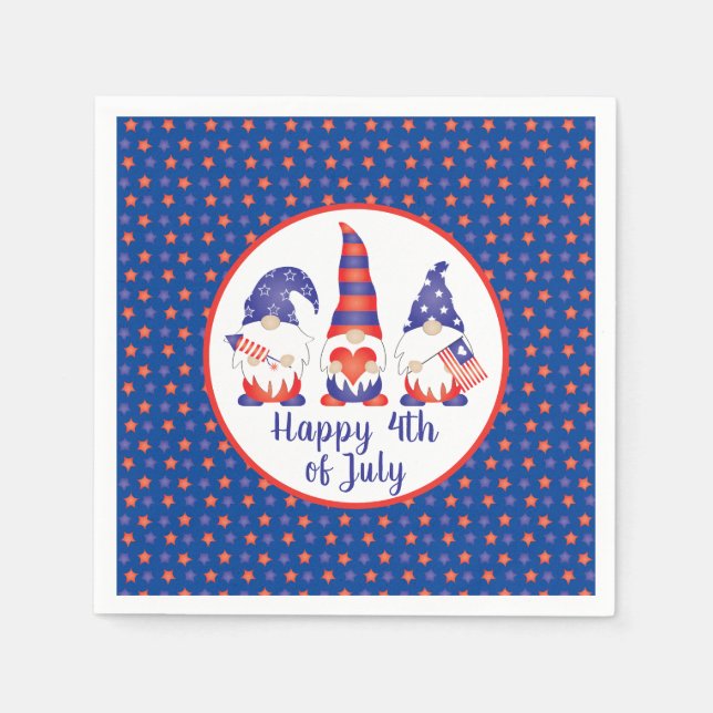 Serviette En Papier Joyeux 4 juillet Gnomes Rouge Blanc Bleu (Devant)
