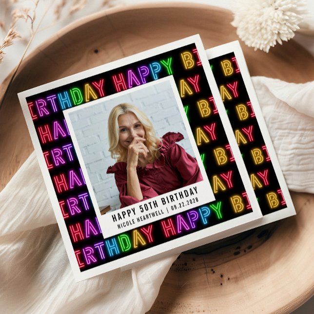 Serviette En Papier Joyeux 50e anniversaire Photo Rainbow Neon (Créateur téléchargé)