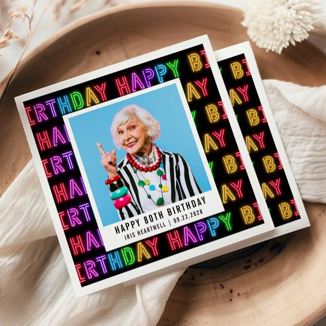 Serviette En Papier Joyeux 80e anniversaire Photo Rainbow Neon Napkins (Créateur téléchargé)