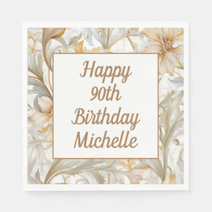 Serviette En Papier Joyeux 90e Anniversaire Fleurs Dorées