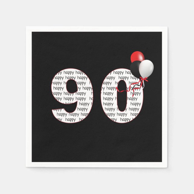 Serviette En Papier Joyeux 90ème anniversaire sur les serviettes noire (Devant)