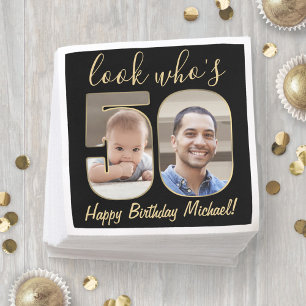 Serviette En Papier Joyeux Anniversaire 50 Ans Noir & Or 2 Photos