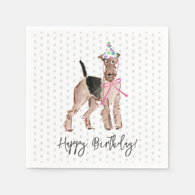 Serviette En Papier Joyeux anniversaire Airedale Chien Casquette Gâtea (Devant)