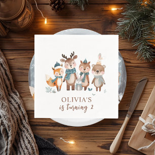 Serviette En Papier Joyeux Anniversaire Animaux de la Forêt d'Hiver