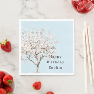 Serviette En Papier Joyeux Anniversaire Arbre Fleurissant Rose Clair