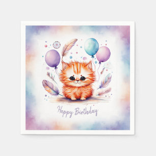 Serviette En Papier Joyeux Anniversaire Ballons Rouge Chatons Aquarell