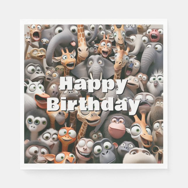 Serviette En Papier Joyeux Anniversaire Crazy Wildlife Group (Devant)