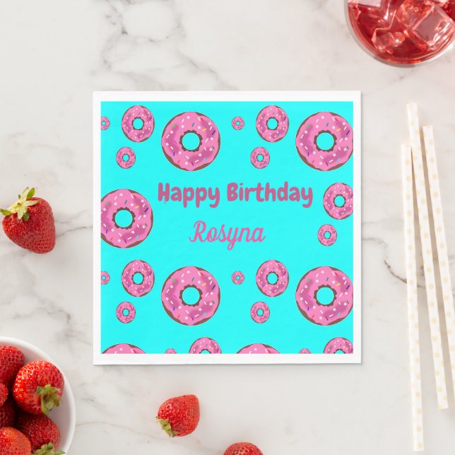 Serviette En Papier Joyeux anniversaire crème rose beignets bleu (En situation)
