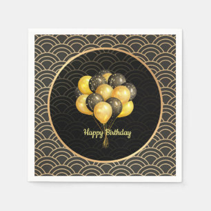 Serviette En Papier Joyeux anniversaire, élégant noir et or,