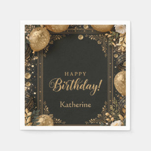 Serviette En Papier Joyeux Anniversaire Élégant Noir et Or avec Nom