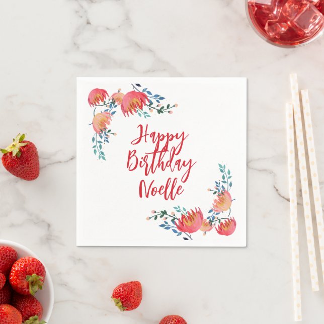 Serviette En Papier Joyeux Anniversaire - Fleurs Whimsical Rouge Éléga (En situation)