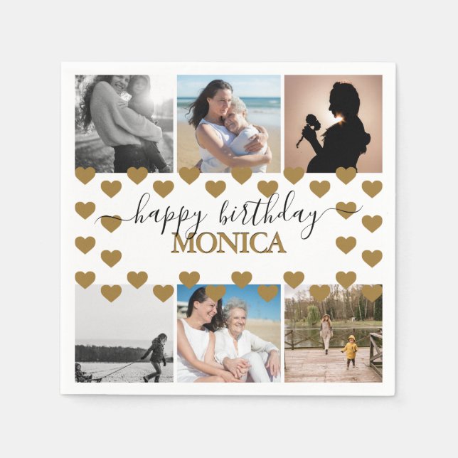 Serviette En Papier Joyeux Anniversaire moderne Photo Collage Nom Scri (Devant)