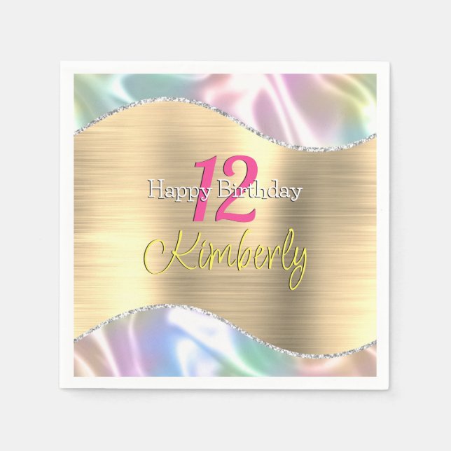 Serviette En Papier Joyeux Anniversaire, Nom Age Iridescente & Gold Wa (Devant)