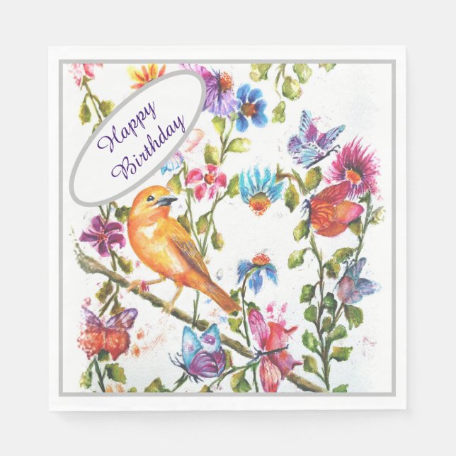 Serviette En Papier Joyeux Anniversaire Oiseau Jaune (Devant)