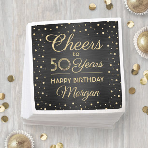 Serviette En Papier Joyeux Anniversaire Paillettes Noir Brossé & Or