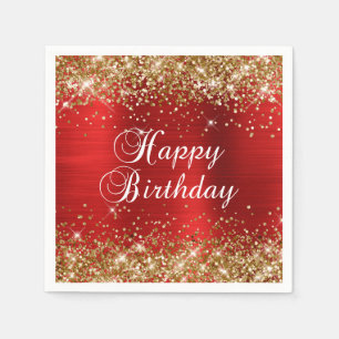 Serviette En Papier Joyeux Anniversaire Paillettes Or Feuille Rouge