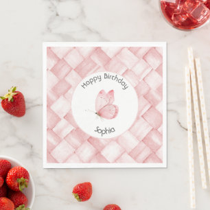 Serviette En Papier Joyeux Anniversaire Papillon Tissage Panier Rose É