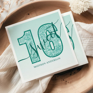 Serviette En Papier Joyeux Anniversaire Script Pailleté Aqua Sarcelle