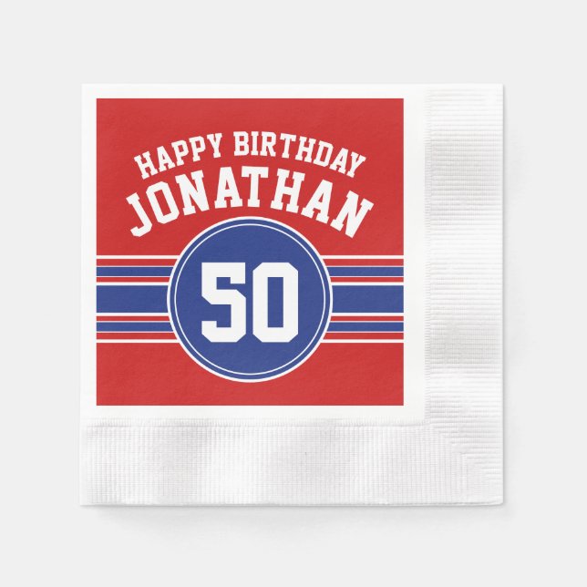 Serviette En Papier Joyeux Anniversaire Sports avec l'âge - Rouge Bleu (Devant)