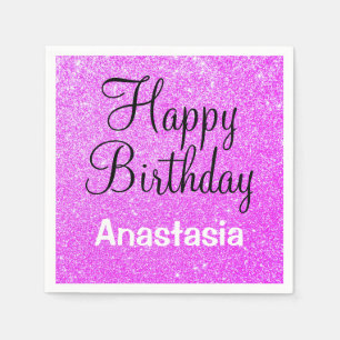 Serviette En Papier Joyeux Anniversaire Violet Paillettes Nom Brillant