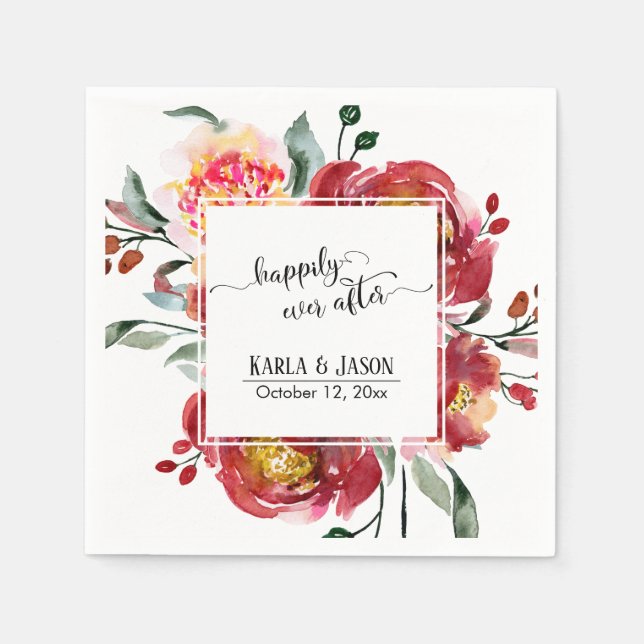 Serviette En Papier Joyeux Après, Bouquet Fleur Aquarelle Rouge (Devant)