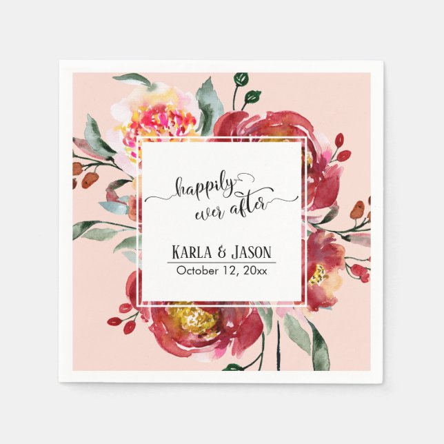 Serviette En Papier Joyeux Après, Fleurs Aquarelles Rouges, Blush (Devant)