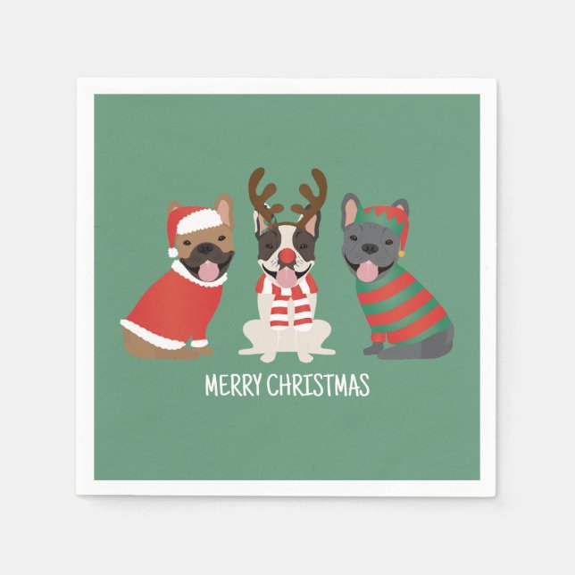 Serviette En Papier Joyeux Buldogs français de Noël (Devant)