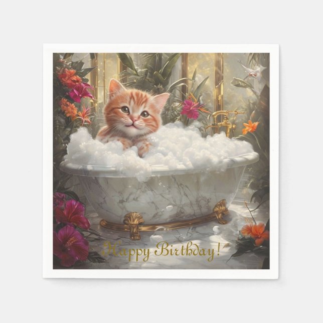 Serviette En Papier Joyeux Chat Rouge Dans Bain De Luxe - Fête Anniver (Devant)