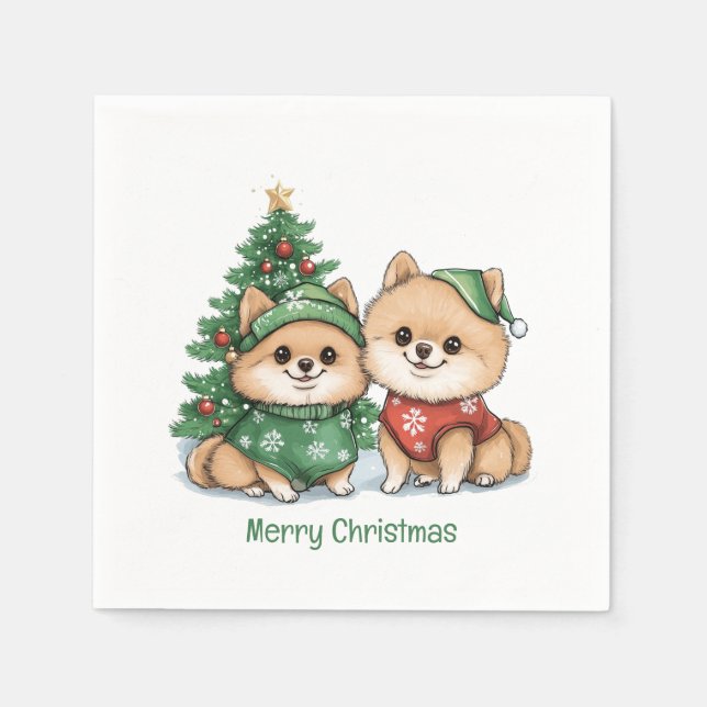 Serviette En Papier Joyeux Chiens Poméraniens de Noël (Devant)
